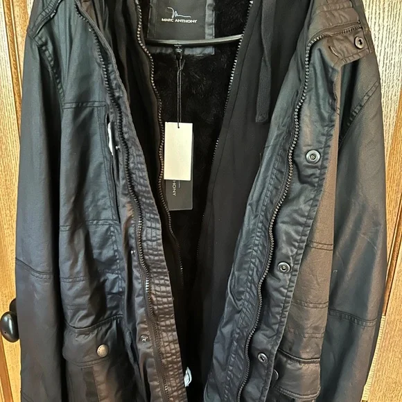 Marc Anthony Faux Black Leather Lined Jacket w/hood-size Large
